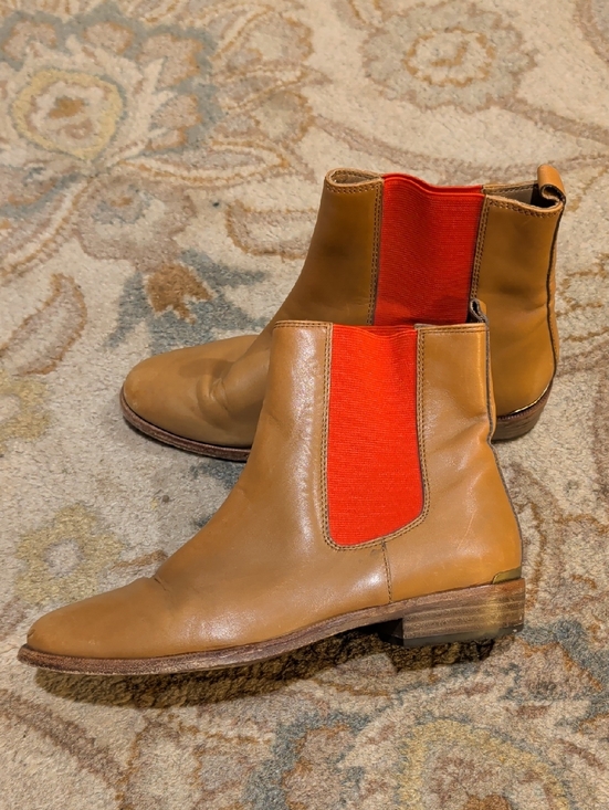 Coach Shoes - Coach Lucia Colorblock Tan Leather Chelsea Boots with Red Elastic Panels